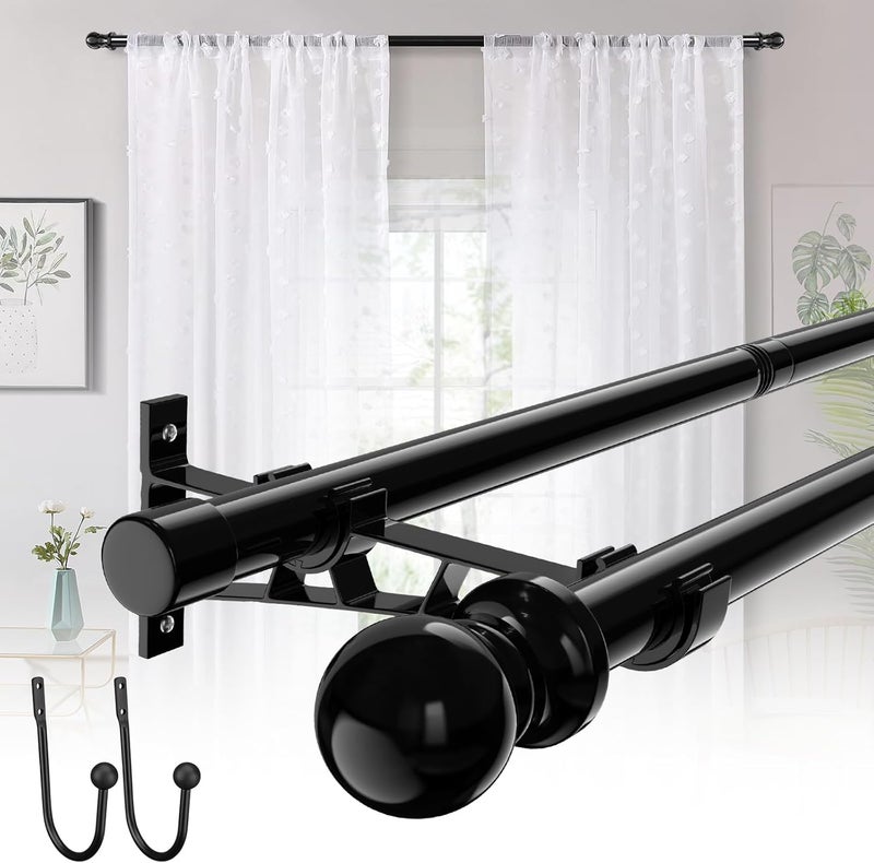 ABtool Black Double Curtain Rods for 30in-150in Windows with Brackets and Clip,1Inch Heavy Duty Dual Curtain Rod,Adjustable Decorative Curtain Rod for Window,Bathroom,Patio,Bedroom,Sliding Glass,Door - Image 1